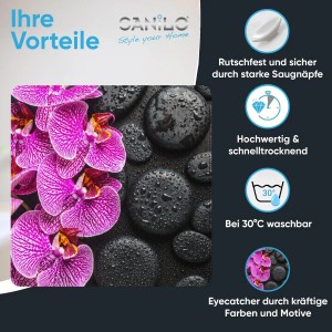 SANILO Badematte Madeira mit Orchideen und schwarzen Steinen, rutschfest für Badewanne & Dusche.