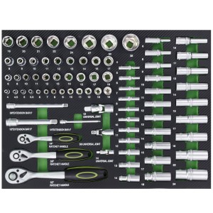 TRUTZHOLM Werkstattwagen Einlage mit 80-teiligem Steckschlüsselsatz in Grün.