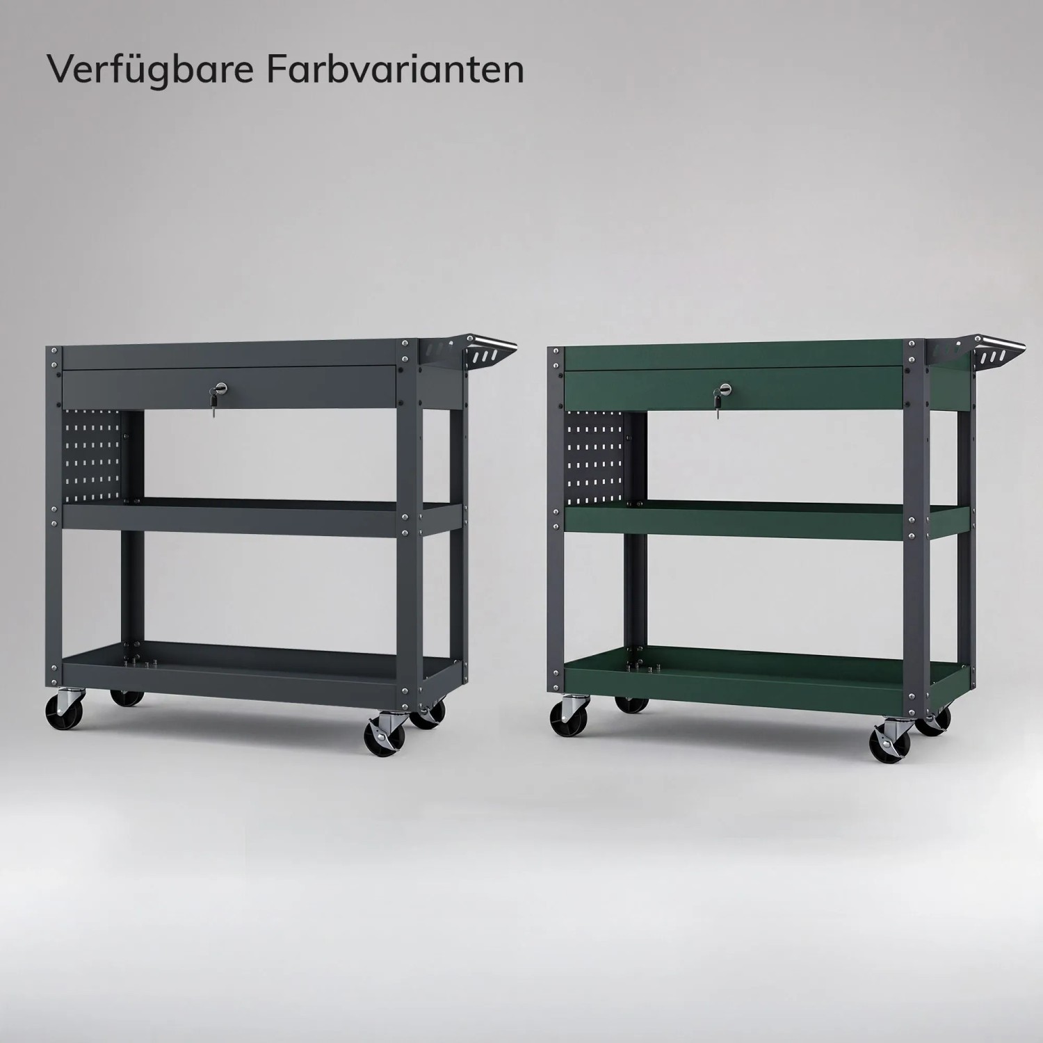 JAN NOWAK Werkstattwagen FRED: zwei Farbvarianten in Flaschengrün und Grau, mit Schublade, Ablagen und Rollen.