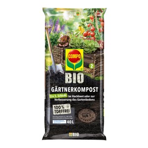 Sack Compo Bio Gärtner-Kompost, torffrei, 40L. Ideal für Hochbeete, fördert gesundes Pflanzenwachstum.