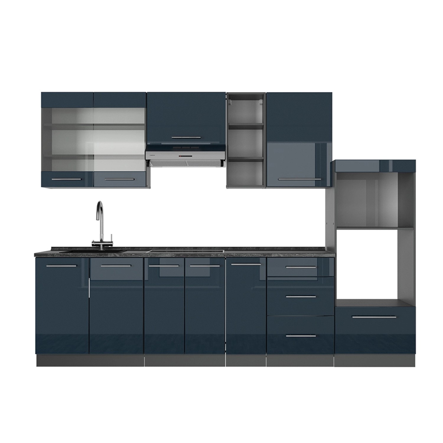Vicco Fame-Line Küchenzeile Dunkelblau Hochglanz/Anthrazit 280 cm AP Anthra günstig online kaufen