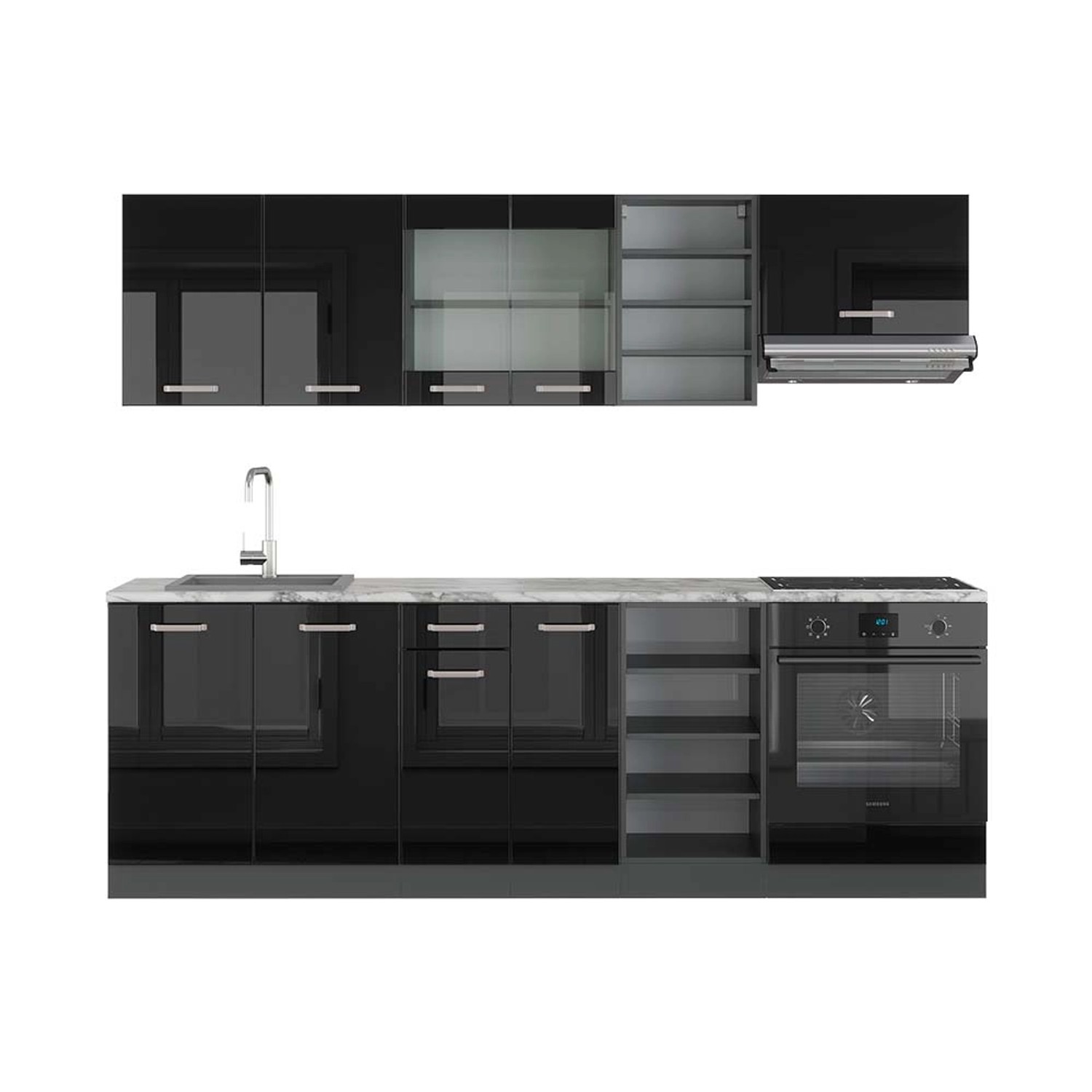Vicco R-Line Küchenzeile Schwarz Hochglanz/Anthrazit 240 cm AP Marmor günstig online kaufen