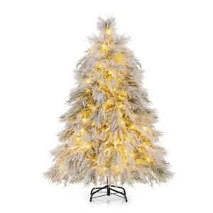 Künstlicher Weihnachtsbaum 146cm mit weiß-grünen, beschneiten Zweigen und warmweißer LED-Beleuchtung auf schwarzem Metallständer.