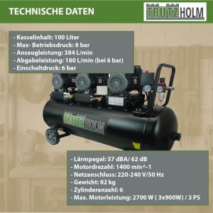 TRUTZHOLM Flüsterkompressor 100L, 2700W, 62dB, 8 Bar. Leiser Kompressor für Werkstatt und Garage.