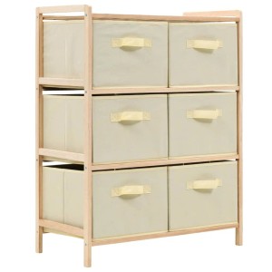 Beige Korbkommode mit 6 Stoffkörben und Zedernholzrahmen. Praktischer Büroschrank für mehr Stauraum.