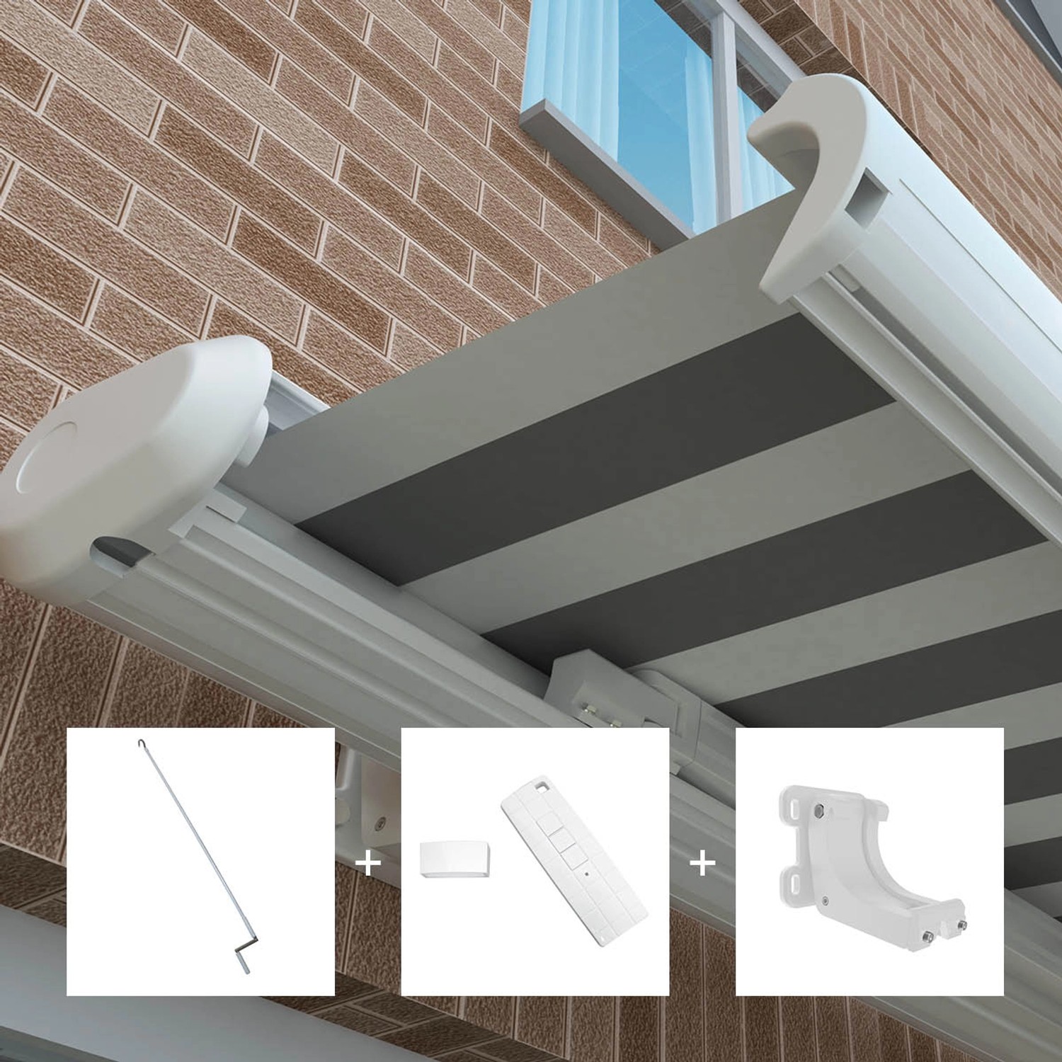 Elektrische Kassettenmarkise in Weiß/Grau mit Zubehör wie Fernbedienung und Handkurbel.