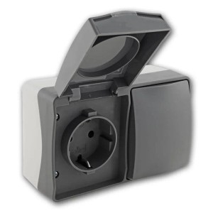 ChiliTec NUQUI Feuchtraum Schalter-Steckdose horizontal IP54, Aufputz, grau/hellgrau.