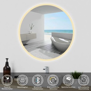 Runder Badspiegel mit LED-Beleuchtung, Bluetooth und Touch-Funktion, 70 cm Durchmesser.
