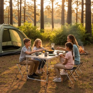 Relaxdays Campingtisch mit 4 Hockern Aluminium MDF Weiß Klappbar Höhenverstellbar 120 cm x 60 cm x 71 cm