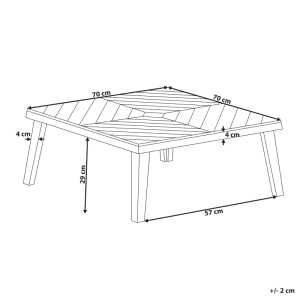 Skizze: Quadratischer Couchtisch BARATTI in hellem Holzfarbton, 70x70x33 cm, für Garten und Terrasse.