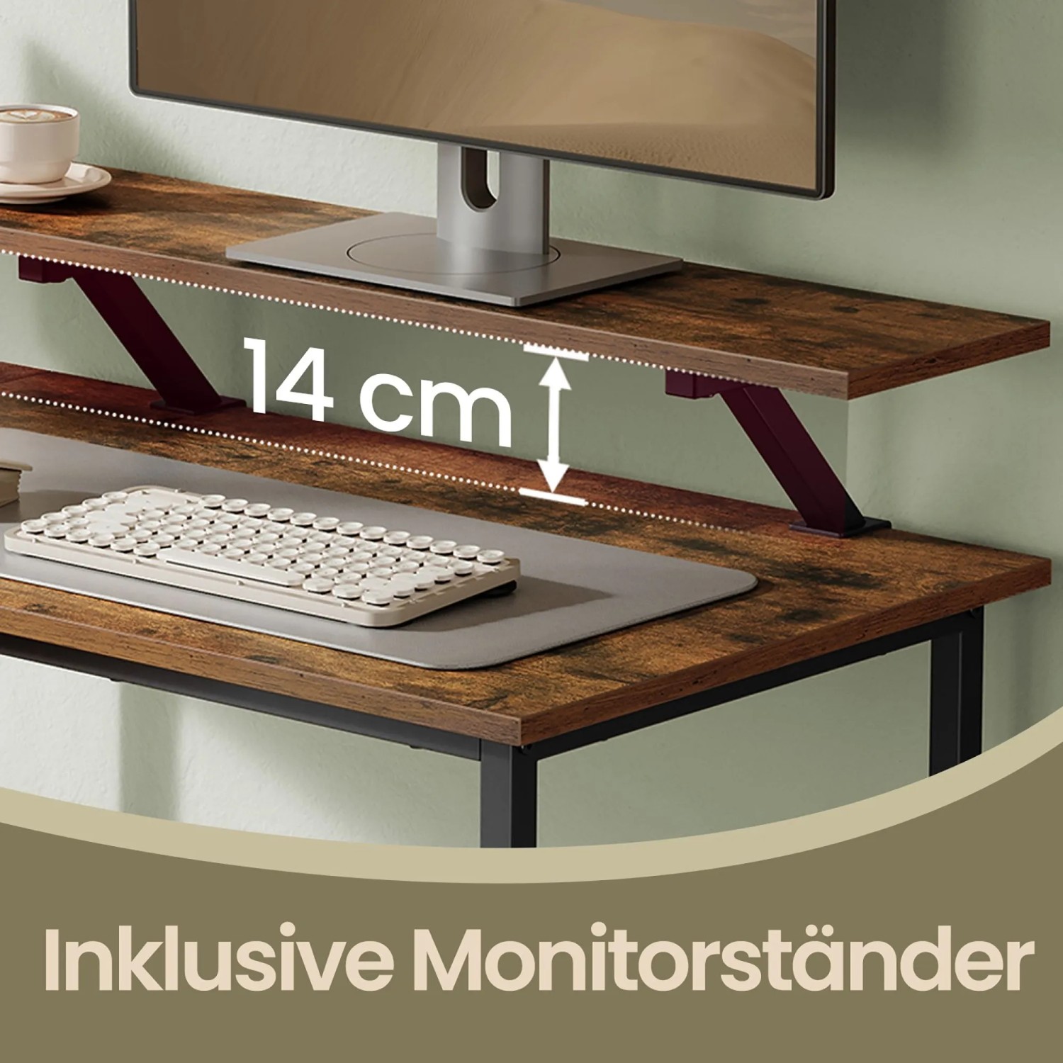 Songmics Schreibtisch Brandon braun-schwarz mit Monitorständer, Tastatur und Mauspad.