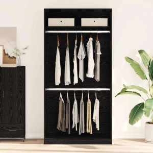 VidaXL Kleiderschrank in Schwarz Eichen-Optik mit Regalen und Kleidung an Kleiderstangen.