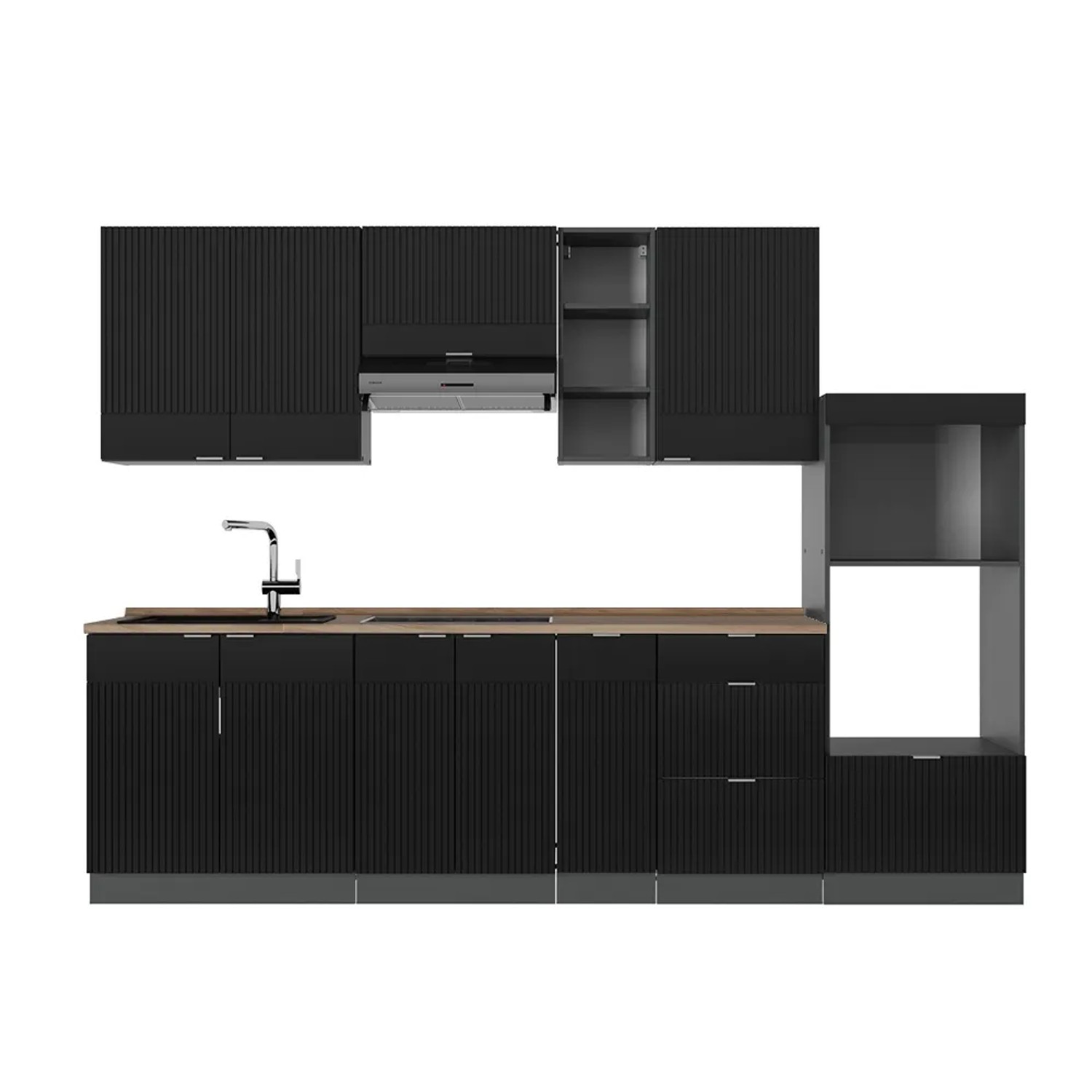 Vicco Fame-Line Küchenzeile Schwarz gestreift/Anthrazit 280 cm AP Eiche ohne E-Geräte
