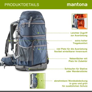 Mantona Kamera- & Drohnenrucksack Elementspro, blau/grau. Robuster Rucksack mit vielen Fächern, gepolstert, Regenhülle. Für Outdoor & Reisen.