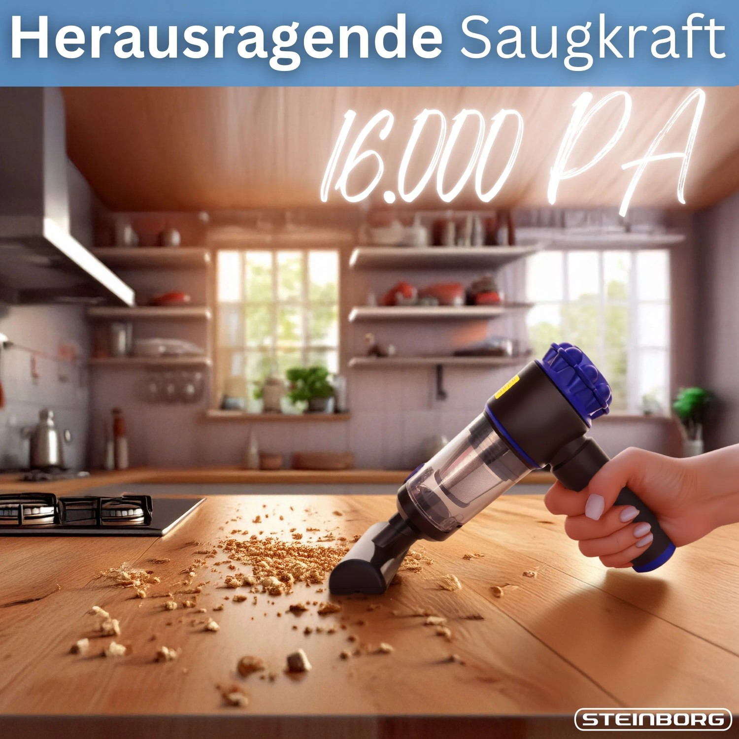 Kompakter Steinborg Mini Akku Handstaubsauger saugt Krümel von Holzarbeitsplatte in Küche. 16000Pa Saugkraft, HEPA-Filter.