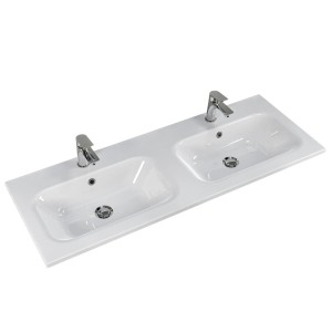 Pelipal Quantum 07 Mineralmarmor-Doppelwaschtisch, 121 cm, weiß, mit zwei Becken und Armaturen.