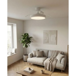 Weißer Eglo LED-Deckenventilator Malpica mit integrierter Leuchte und eingezogenen Flügeln in modernem Wohnzimmer.