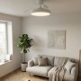 Weißer Eglo LED-Deckenventilator Malpica mit integrierter Leuchte und eingezogenen Flügeln in modernem Wohnzimmer.