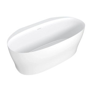 Weiße, ovale Vente-unique Lumel Vorwandbadewanne aus Acryl, 160 cm, mit matter Oberfläche und sichtbarem Überlauf.