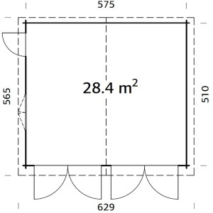 Grundriss Palmako Holzgarage Roger, 575x510 cm, mit Maßen und Flächenangabe. Ideal für Planung.