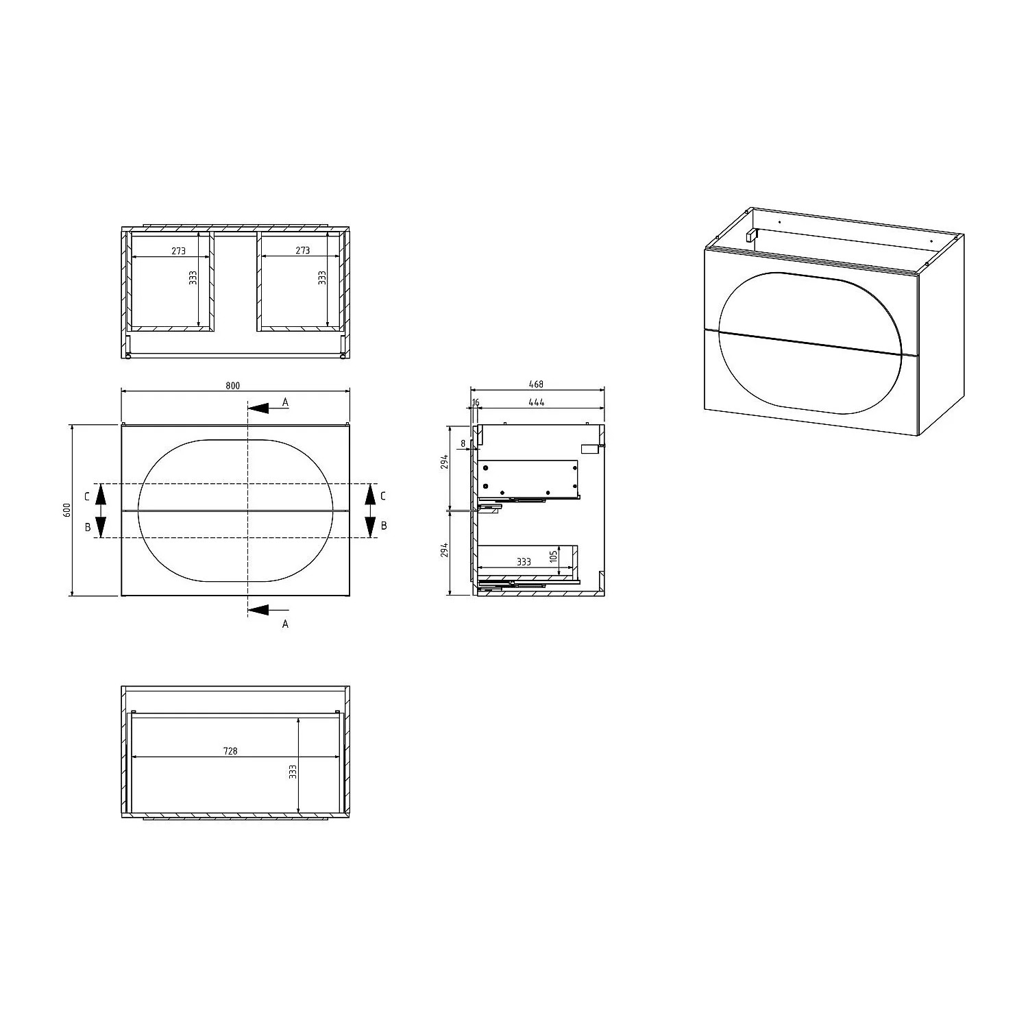 Technische Zeichnung: Waschbeckenunterschrank 80 cm breit, mit 2 Schubladen. Zeigt Maße und Aufbau des Hängeschranks.
