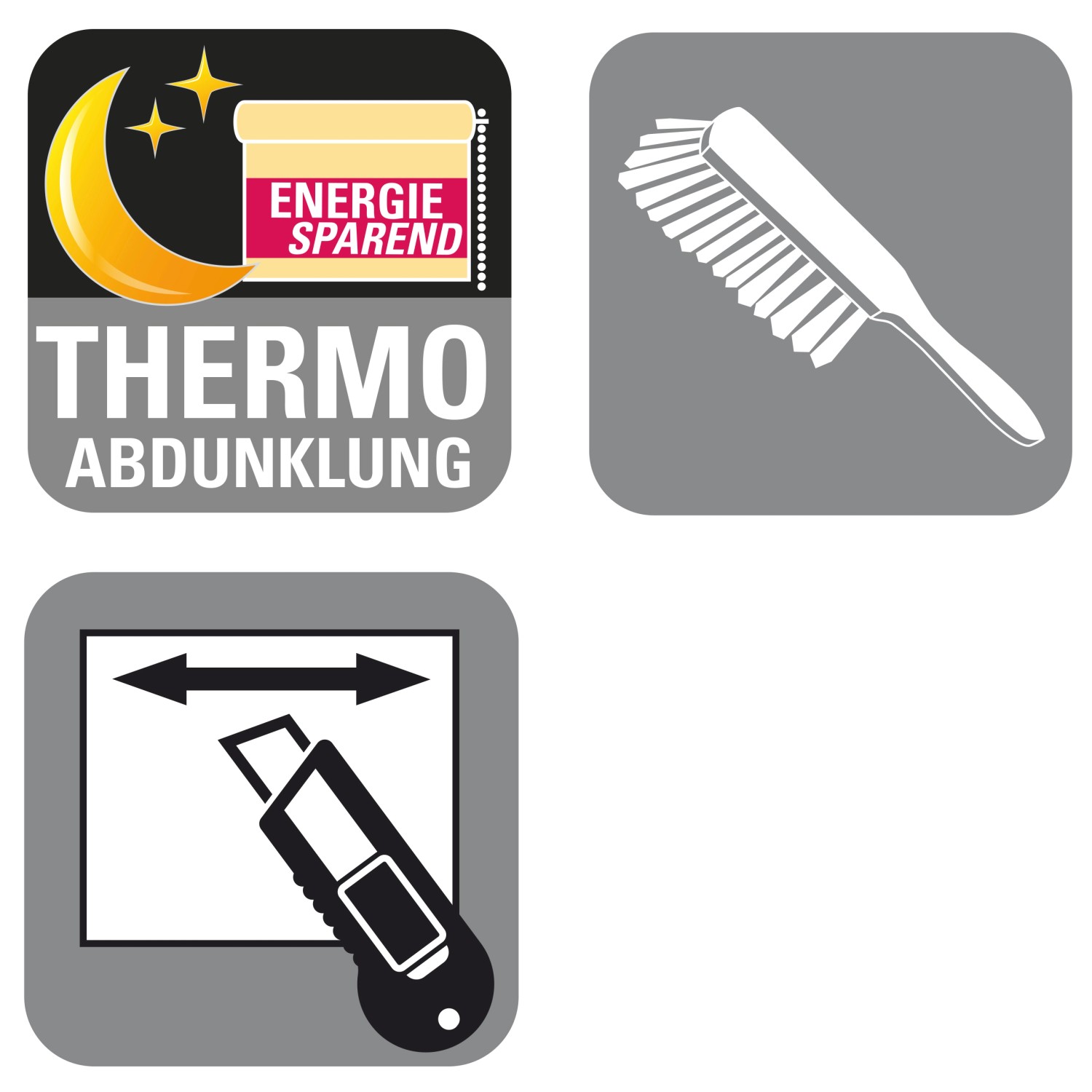 Symbole für Gardinia Thermo Verdunkelungsrollo: Energiesparen, Reinigung, Zuschneiden.