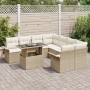 Beiges 9-teiliges vidaXL Garten-Sofa-Set aus Poly Rattan mit Kissen und Tisch.