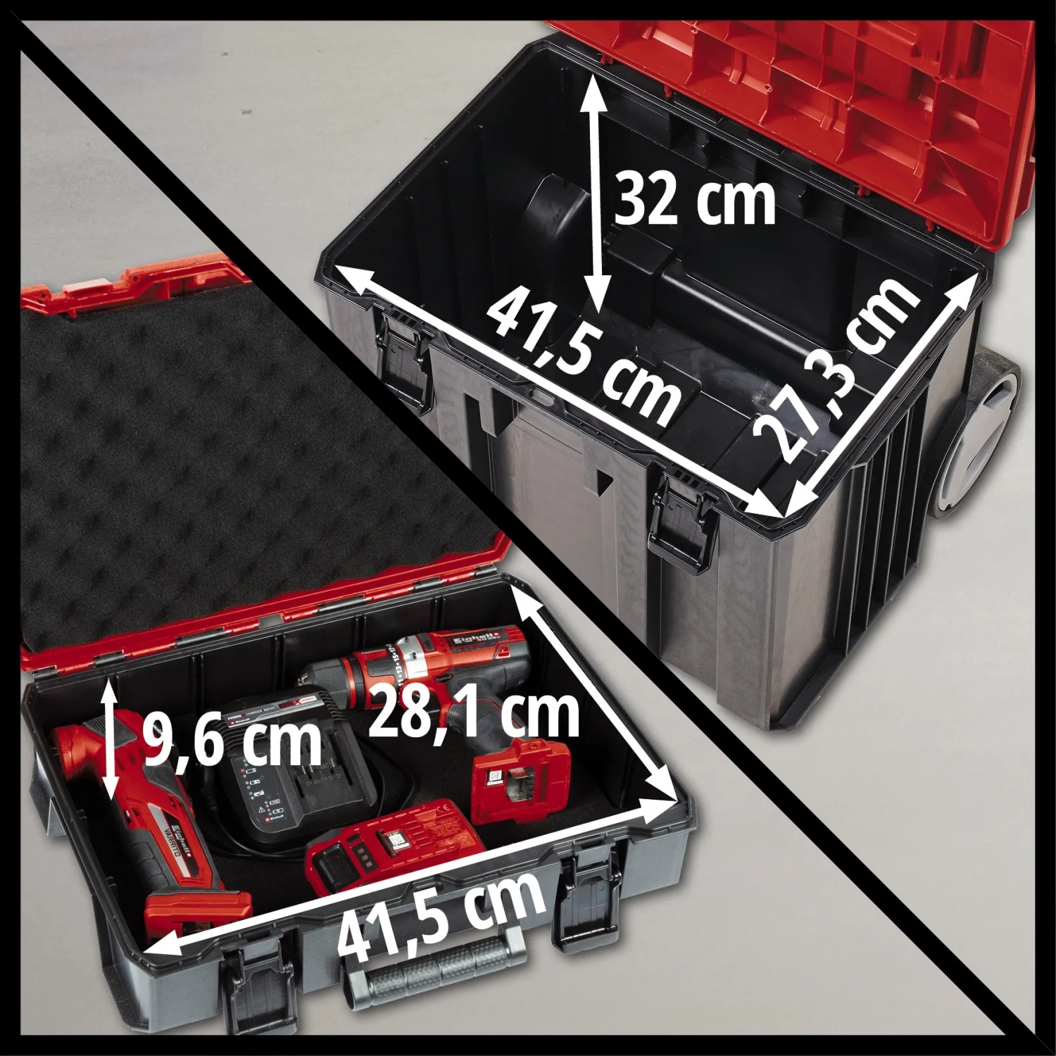 Einhell E-Case Tower Werkzeugkoffer mit Werkzeug und Abmessungen, geöffnet.