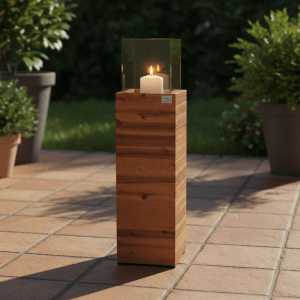 Hohes Standwindlicht aus Akazienholz mit Glaszylinder und brennender Kerze auf Terrasse. 100 cm Kerzenhalter für innen & außen.