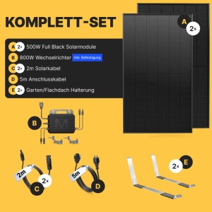Solakon Balkonkraftwerk Komplettset: 2 schwarze Solarmodule, 800W Wechselrichter, Kabel & Gartenhalterung.