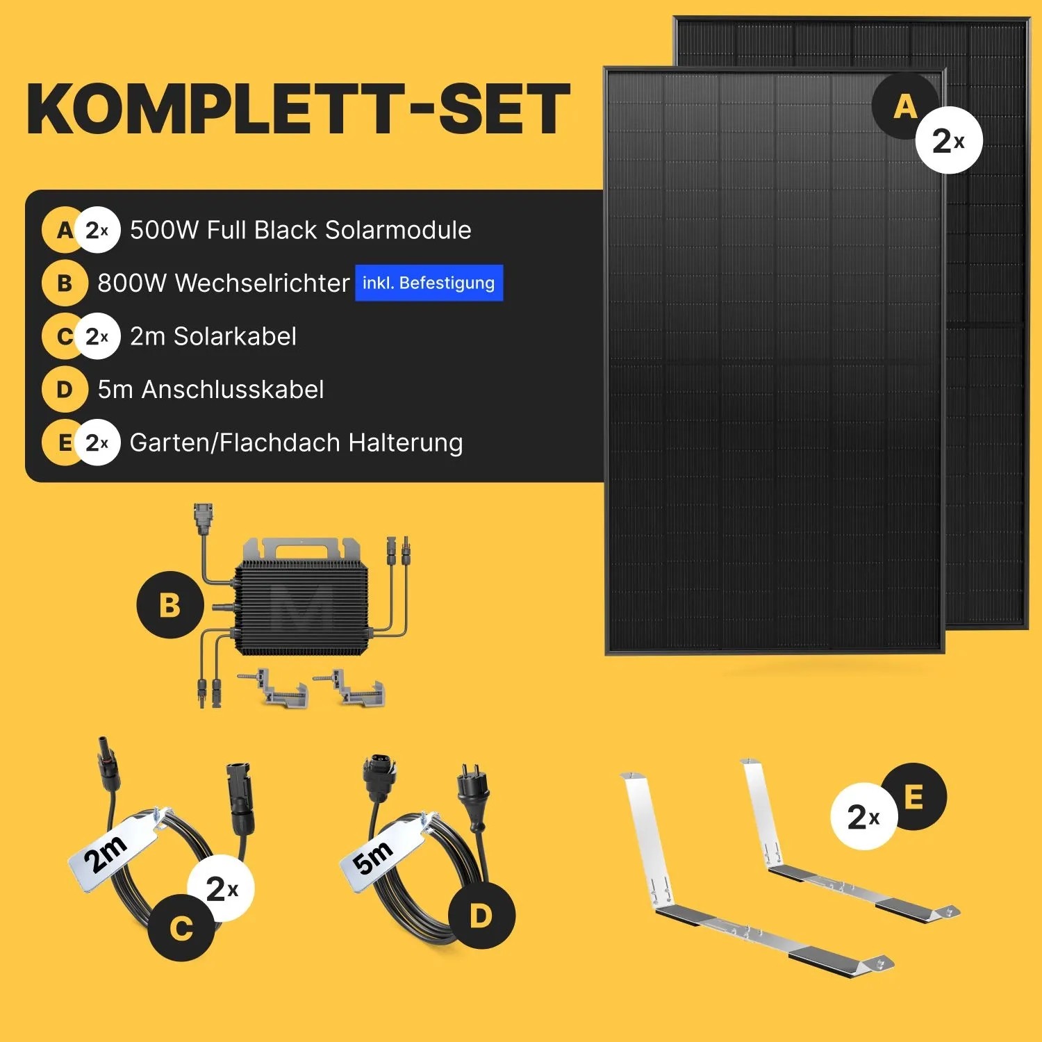 Solakon Balkonkraftwerk Komplettset: 2 schwarze Solarmodule, 800W Wechselrichter, Kabel & Gartenhalterung.