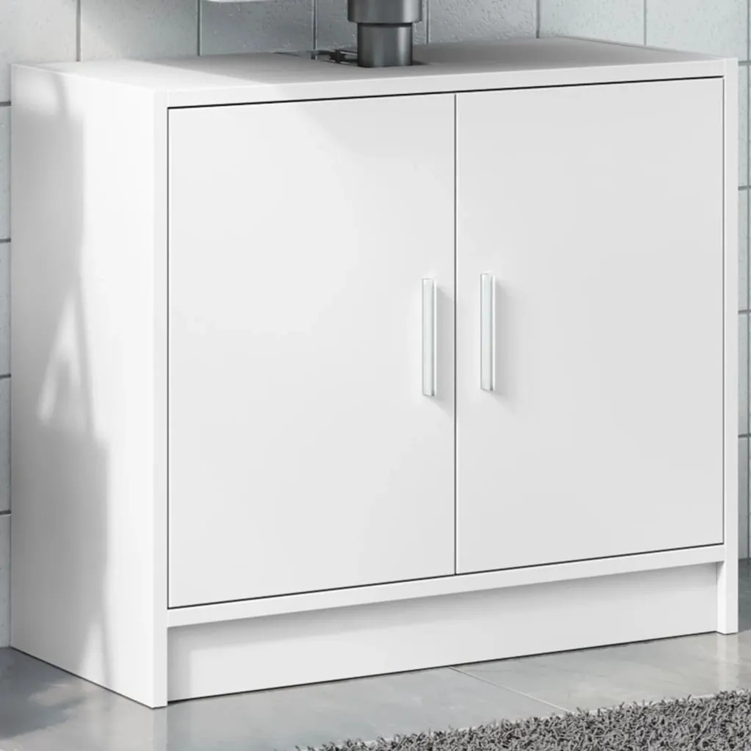 Weißer Waschbeckenunterschrank (63x29x55 cm) aus Holzwerkstoff mit zwei Türen für Badmöbel-Sets.