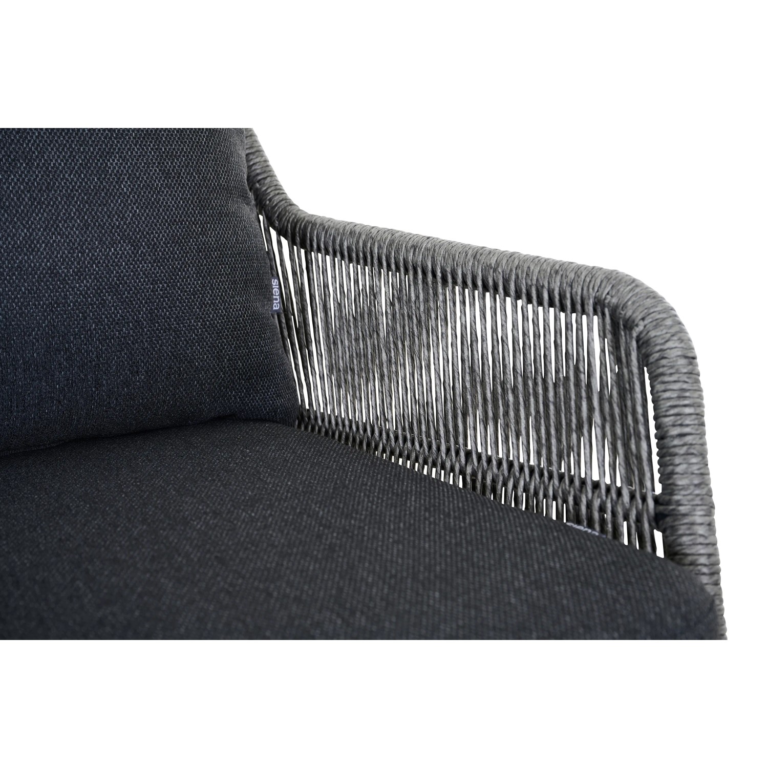 Detailansicht: Graues Siena Garden Kansas Loungesofa mit Kordel-Design und Kissen.