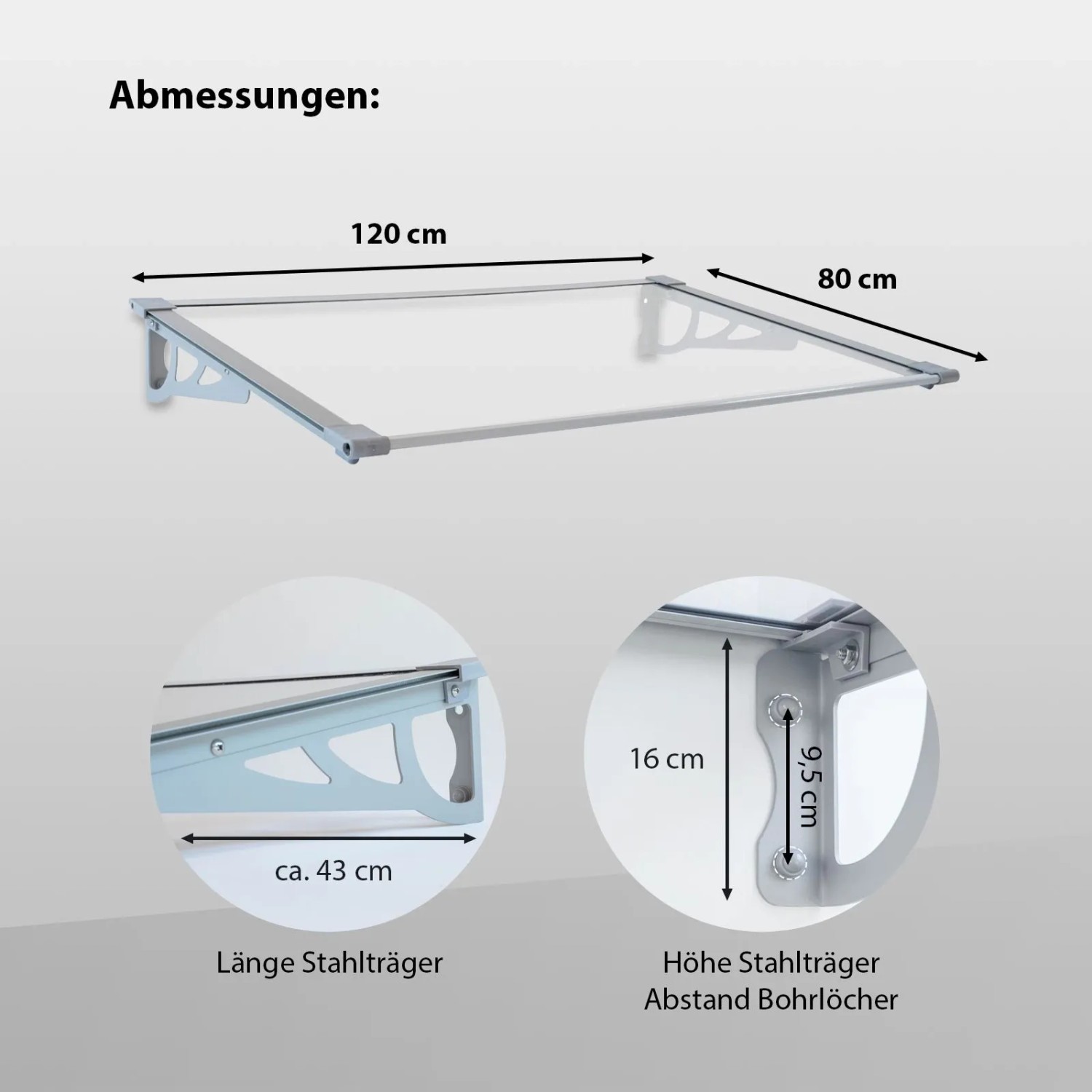 TRUTZHOLM Vordach 120x80 cm, transparentes Haustürdach mit grauen Aluminiumprofilen und Stahlträgern.
