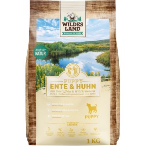 Wildes Land Puppy Trockenfutter Ente & Huhn, 1kg Sack für Welpen. Glutenfrei, hoher Fleischanteil.
