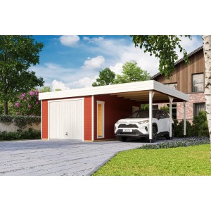 Lasita Maja Holzgarage Bahamas mit Anbau und Schwingtor in Schwedenrot.