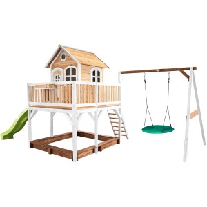 Axi Liam Spielhaus mit Nestschaukel, Rutsche in Braun, Weiß und Lindgrün. Spielturm mit Sandkasten und Schaukel.