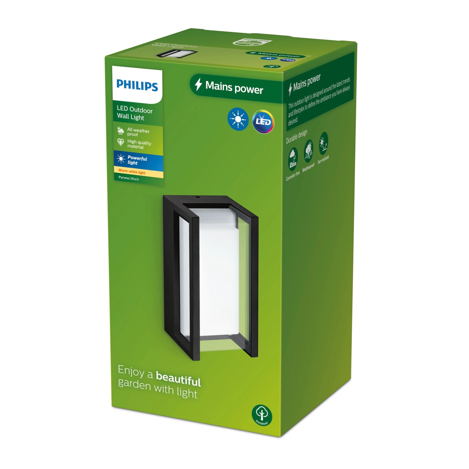 Verpackung der Philips Pyrona LED Aussenwandleuchte, 12W, 2700K, mit Produktabbildung.