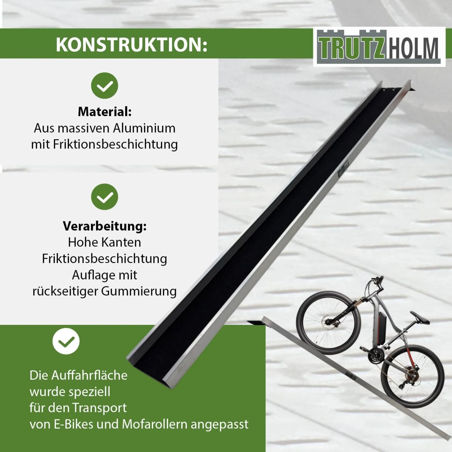 TRUTZHOLM Auffahrschiene aus Aluminium, 183 cm lang, mit E-Bike. Zubehör für Autoanhänger.