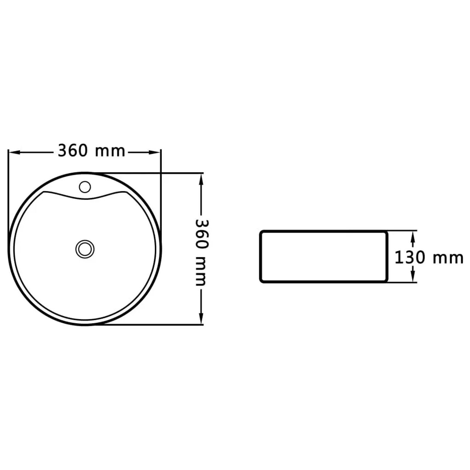 Technische Zeichnung des runden vidaXL Keramik-Waschbeckens mit Überlauf. Maße: 360 mm Durchmesser, 130 mm Höhe.