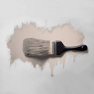 Pinsel streicht Tadessi Wandfarbe Rosenholz Beige matt auf eine Wand. Farbprobe mit Tropfen.
