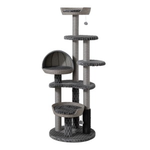 Grauer Wiltec Fudajo Urban Loft Kratzbaum, 160 cm hoch, mit Liegeflächen, Plattformen, Papierseil und Spielbällen.