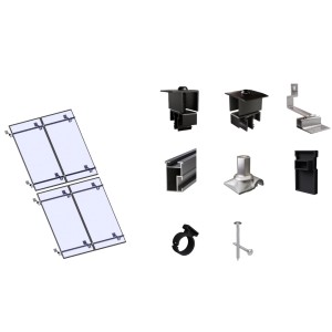 SolMount Montageset für 4 Solarmodule auf Schrägdach, eloxiertes Aluminium und Befestigungsmaterial.