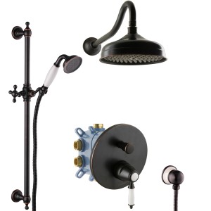 Schwarzes PaulGurkes Unterputz Duschsystem im Retro-Design mit Kopf- und Handbrause.