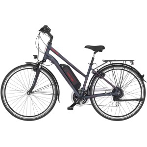 Fischer E-Bike Trekking ETD 1806: Graues E-Bike mit Gepäckträger und Akku am Rahmen.
