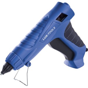 Blaue LUX Heißklebepistole Comfort HKP-100/12 mit Tropfstopp und Ablagbügel.