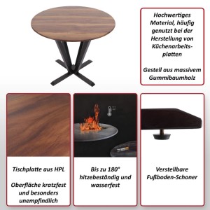 Runder MCW Bistrotisch mit Sheesham Holz-Optik HPL-Platte, schwarzem Massivholz-Gestell und verstellbaren Füßen. Hitzebeständig.