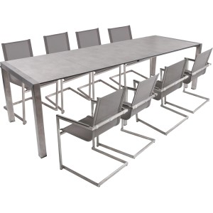 9-teiliges Gartenmöbel-Set Sienna von Garden Pleasure in Grau-Silber mit Ausziehtisch und 8 Freischwinger-Stühlen.