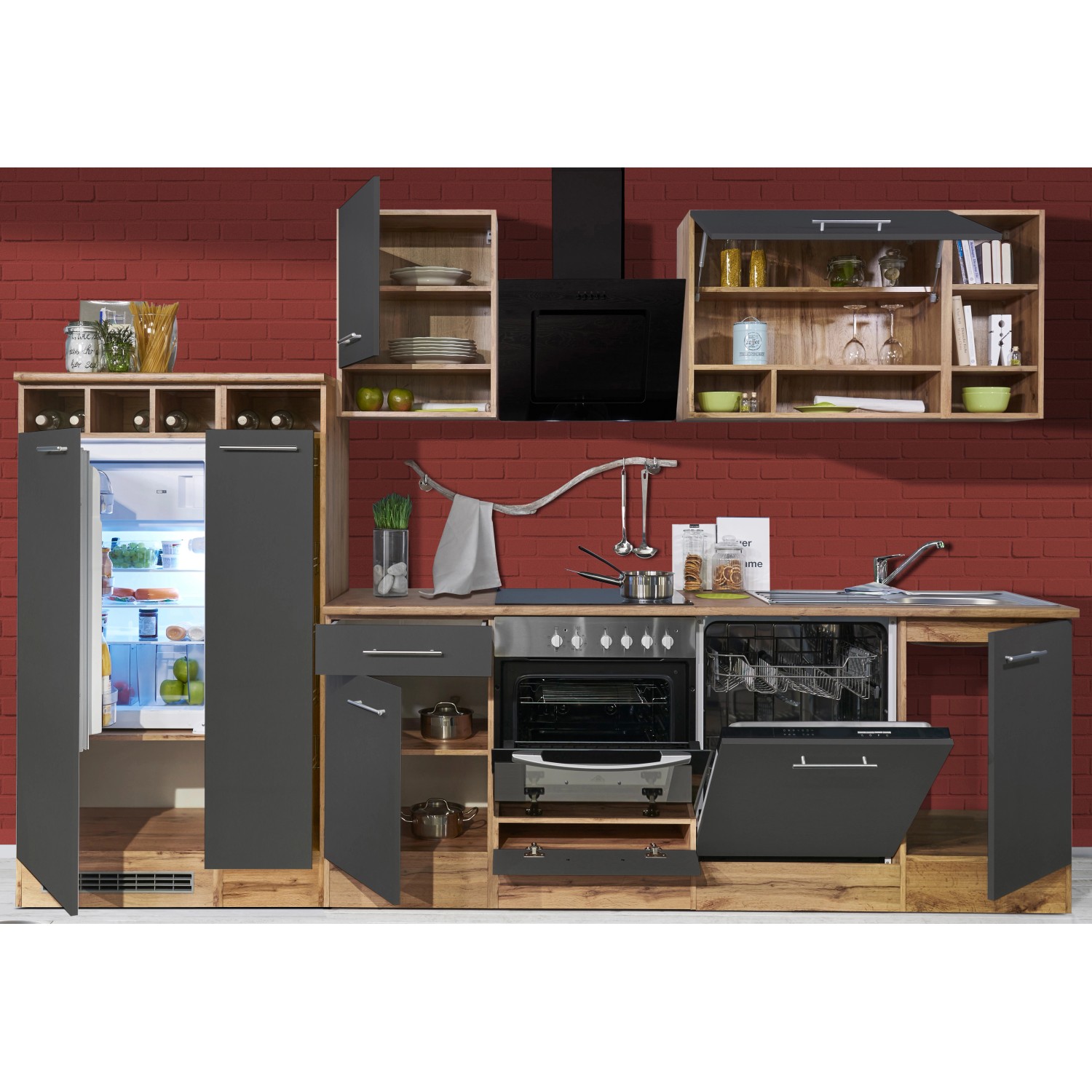 Respekta Küchenzeile 310 cm, Grau/Wildeiche-Optik, mit E-Geräten und viel Stauraum.