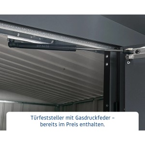Detailaufnahme Gerätehaus: Gasdruckfeder am Türfeststeller des Hörmann EcoStar Euroline.